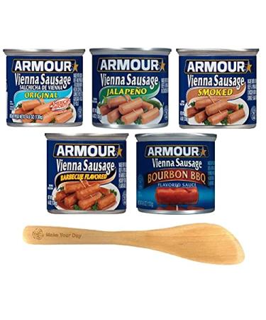 Armour Vienna Sausage, Original, Jalapeno, Smoked, Barbecue Flavored, and Bourbon BBQ, 4.6 Ounce Cans (Pack of 5) - with Make Your Day Mini Spatula