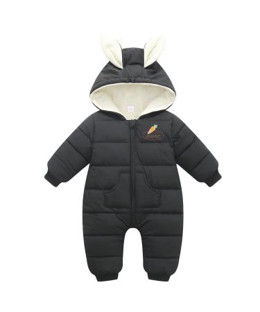 Minizone Baby Snowsuit Winter Romper Girls Boys Cotton Hooded Jumpsuit Warm Long Sleeve Outfits Cartoon Rabbit 6-12 Months Black