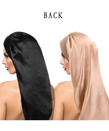 Ladaypoa Long Satin Sleeping Cap - 2 Large Sleeping Hats for Women | Extra Large Soft Satin Sleep Caps for Long Braids | Comfortable Black & Gold with Wide Elastic Ribbon - Buy Online on SooperMarket.com