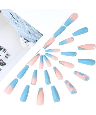 Brishow Coffin False Nails - Long Blue Flower Fake Nails | 24pcs Ballerina Acrylic Stick on Nails for Women and Girls - Buy Online on SooperMarket.com