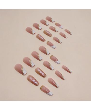 French Tip Press on Nails - Long Gold Foil Square Shape Reusable Gel Nails - 24 Pcs Glossy Nude Stick-On Nails for Women & Girls - Buy Online on SooperMarket.com