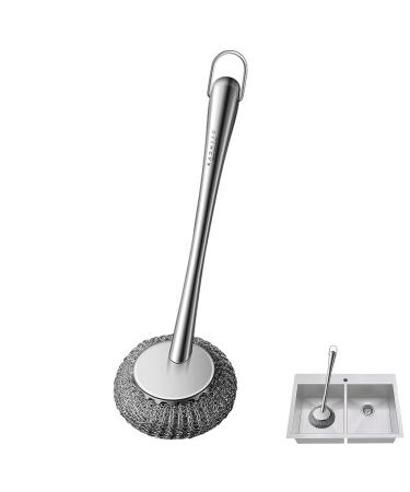Pot Brush Scrubber Flexible Stainless Steel Pot Scourer with Hanger | Pots Cleaning Supplies for Non-Stick Pans Iron Pots Bowl Dishwashing Sink Puchen