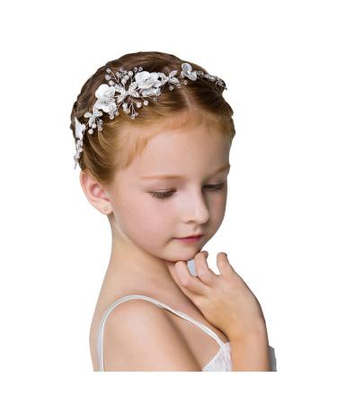 IYOU Princess White Flower Headpiece Pearls Hairdress Crystal Bridal Wedding Hair Accessories Communion for Girls