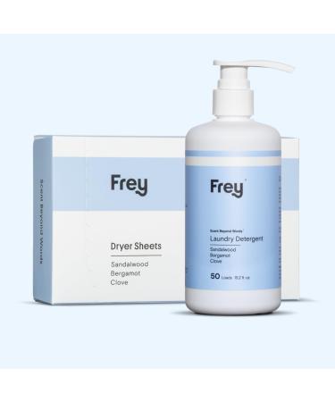 FREY Laundry Set | Concentrated Liquid Detergent & Natural Dryer Sheets | Sandalwood Bergamot & Clove Scent | Eco-Friendly & Gentle Care
