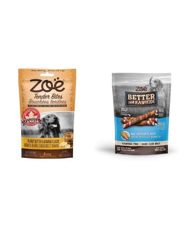 Zoe Tender Bites Peanut Butter and Banana + Zoe Better Than Rawhide Twists for Dogs BBQ Chicken Flavor (12 Pack) Peanut Butter & Banana Bites + Twists