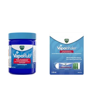 Vicks VapoInhaler Nasal Decongestant with Soothing Vapors for Temporary Relief 0.2 mL Plus Vicks VapoRub Nasal Decongestant Chest Rub Ointment Pain Relief Original Scent 115 mL
