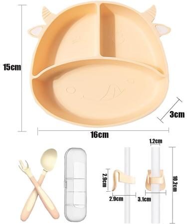 Baby Suction Plate Set - Non-Slip Silicone Divided Placemat with Fork & Spoon - Yellow - Buy Online on SooperMarket.com