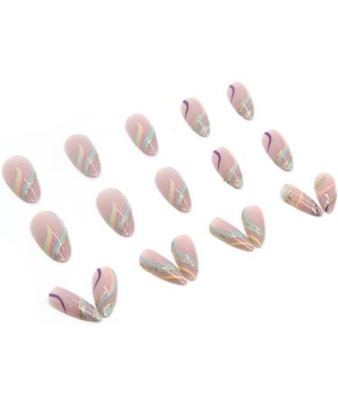 Rainbow Glitter Almond Short False Nails Set | 24 pcs French Press On | Multi Colour Fake Nails with Nail Glue | Pastel Oval Medium Stick On Nails for Women - Buy Online on SooperMarket.com