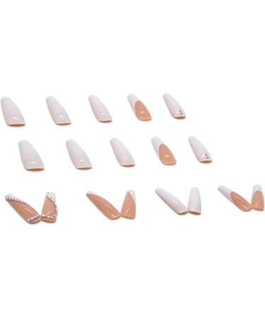 White French Fake Nails with Rhinestones and Sequins | Long Stick on False Nails Art Kit - Buy Online on SooperMarket.com