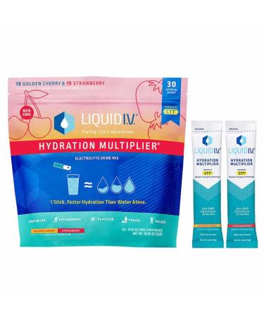 Liquid I.V Hydration Multiplier Drink Mix - 30 Individual Stick Packets - Variety Flavors Golden Cherry and Strawberry - 480 Grams