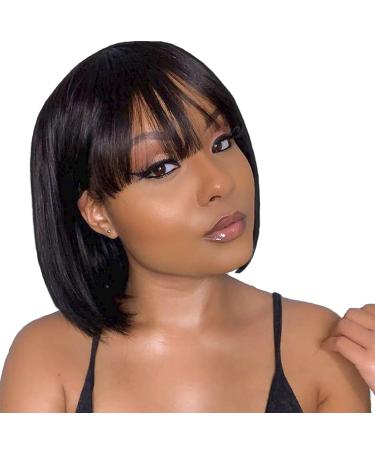 Short Bob Wig Human Hair with Bangs 8 Inch None Lace Front Wigs for Black Women Human Hair Brazilian Virgin Straight Hair 150% Density Machine Made Bob Wigs Natural Color 8 Inch (Pack of 1)