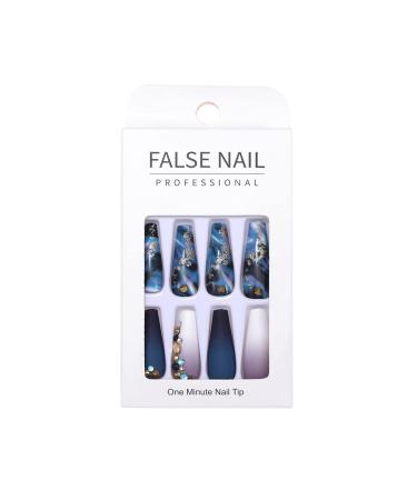 Brishow Coffin Artificial Nails - 24 Strass Press On Long Blue Marble Acrylic Ballerina Nails for Women & Girls - Buy Online on SooperMarket.com
