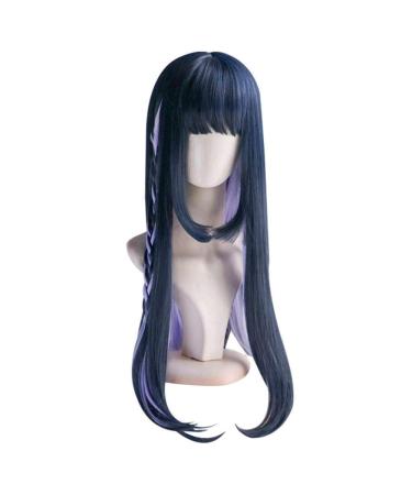 Harajuku Temperament Long Straight Lace Full Wigs With Air Bangs 2 Tone Color Mixed Blue Purple Dark Roots Heat Resistant Synthetic Fiber 30inches
