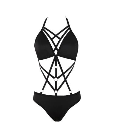Women's Punk Body Harness Lingerie Sexy Hollow Out Teddy One Piece Lingerie Strap Cut Out One Piece Babydoll Bodysuit (Black,Large) Black Large
