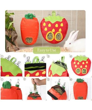 JanYoo Bunny Feeder Hay Bag for Rabbits Guinea Pig Cage Manger with Hooks Food Dispenser Storage Hanging for Chinchilla E-Straberry+Carrot Pack of 2 - Buy Online on SooperMarket.com