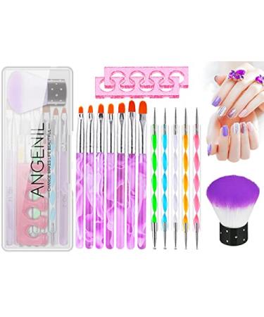 ANGENIL 15PCS Acrylic Nail Brush Set with UV Gel Nail Art Brushes and Double Ended Nail Dotting Pen Set Two Finger Toe Separators and Soft Kabuki Brush Powder for Nail Art Dust Remover