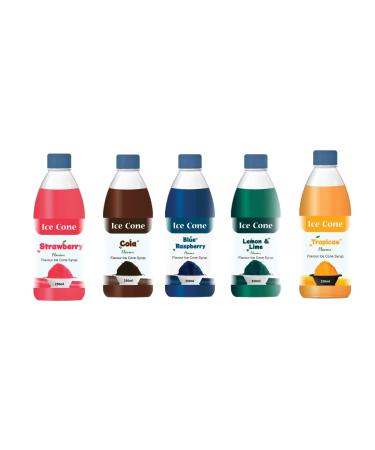 Syrup for Ice Cone Mixed Popular Flavour Syrups can be used with All Slush| Slushie Machines Strawberry cola Blue raspberry lemon & lime Tropical Each 250 ml (Pack of 5)
