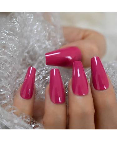 Dark Rose Pink Coffin False Nail Tips - 24pcs Glossy Acrylic Press On UV Fake Nails | Salon-Quality Full Cover with Glue Sticker | L5578 - Buy Online on SooperMarket.com