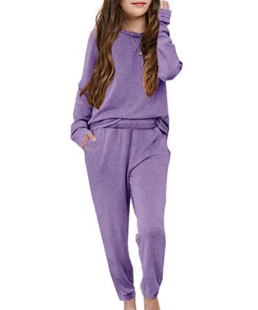 Apbondy Girls Pullover Sweatsuit Casual Sweatpants Loungewear Set Relaxed Tracksuit Workout Sets Purple 11-12 Years