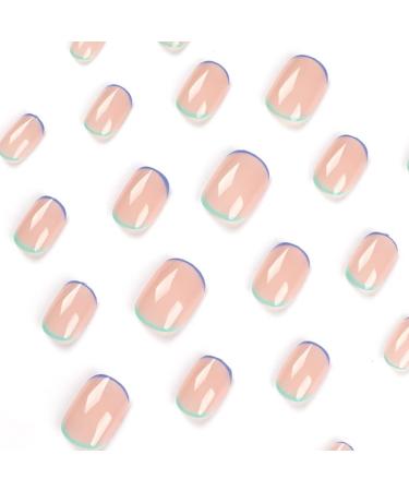 Simple French Blue Green Edge Nail Press on Nails Short Square Glossy False Nail Daily Manicure 24 Pcs 16 - Buy Online on SooperMarket.com