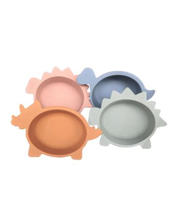 variety pack of 4 silicone baby/toddler dinosaur bowls shatter proof fun dino shape yellow blue sage green & neutral pink d-179