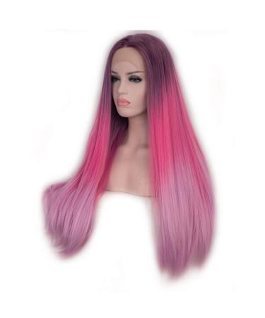 SHIYID Long Straight Wig Pink Red Dark Roots Synthetic Lace Front Wig Tones Wigs for Women Natural Hairline