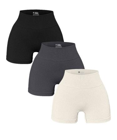 OQQ Women's 3 Piece Yoga Shorts Ribbed Seamless Workout High Waist Athletic Leggings Black Grey Beige Medium