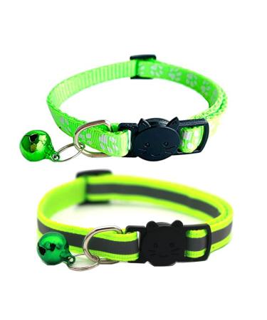 Hepplly 2-Pack Cat Collars Quick Release Reflective Kitten Collar with Bell (Fluorescent Green)