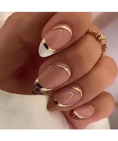 24Pcs Short Press on Nails Almond Nails French Tip Fake Nails with Glitter Gold French Line Design Fashion Stick on Nails Nail Tip Glue on Nails Glossy Acrylic Nails False Nails for Women A-12