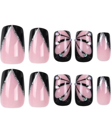 24PCS Square French Rhinestone Gloss Black Press on Nails for Women and Girls - Buy Online on SooperMarket.com