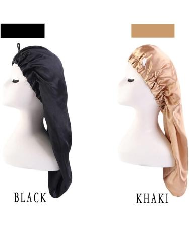 Buy Ladaypoa Long Satin Hair Hood | 2-Piece Silky Sleeping Hat Set for Women - Extra Large Satin Cap in Black & Khaki | International Shipping Available - Buy Online on SooperMarket.com