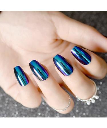 24pcs Mirror Holographic Chrome Coffin False Nails - Beautiful Glitter Chameleon Effect - Buy Online on SooperMarket.com