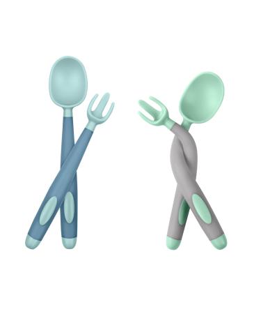 Vicloon Baby Utensils Spoon Fork Set 4pcs Baby Cutlery Feeding Set Toddler Utensils Spoons Forks Baby Fork and Spoon Set Easy Grip Bendable Perfect Self Feeding Spoon Fork (Blue-Green) Light Green-blue