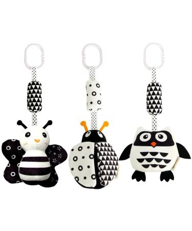 Aipinqi 3 pieces hanging breed toys cartoon white black filled stroller plush toys for newborns 0-18 months baby bed ladybug bee and owl bee