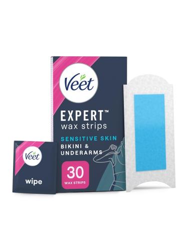 Veet Expert Cold Wax Strips Hair Removal Bikini & Underarms Sensitive Skin 30 Strips each 3 Finish Wipes with Almond Oil 33 Piece Set Expert Wax Strips