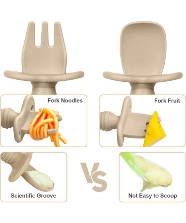 Vicloon Baby Fork and Spoon Set - Silicone Self Feeding Utensils for Toddlers, Easy Grip Cutlery Kit - Gray-Brown - 4Pcs - Buy Online on SooperMarket.com