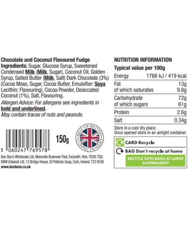 Bon Bon's Gourmet - Chocolate & Coconut Fudge Bag Handmade British Fudge 150g - Buy Online on SooperMarket.com