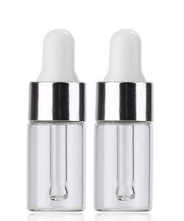 CMJ 2 x 3ml CLEAR Glass Bottles Ear Eye Drops Pipette Dropper Silver White Lid Aromatherapy Empty