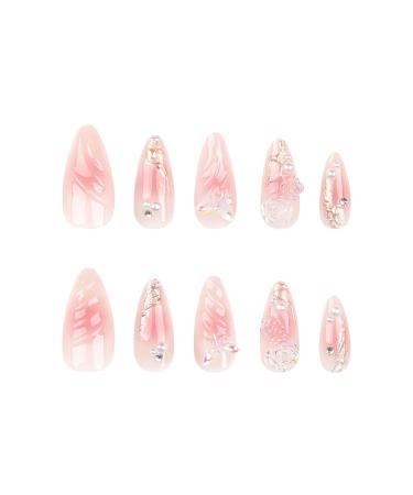 RikView Medium Press on Nails - Pink Almond Nails with 3D Flowers & Butterflies | Glossy Finish | 24 PCs Set - Buy Online on SooperMarket.com