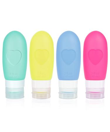 Silicone Travel Bottles Containers for Toiletries: TSA Approved Traveling Size Shampoo Tubes Kit, Leak Proof Refillable Liquid Container Set for Lotion Soap Conditioner Cream Cosmetic 3oz - Green/Yellow/Blue/Pink