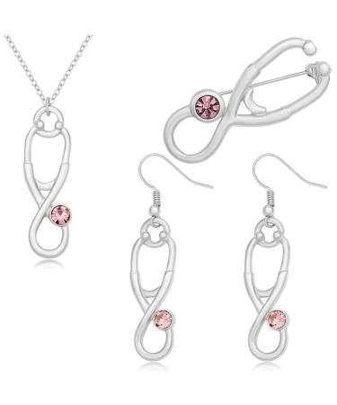 Medicine Stethoscope Pendant Necklace Earrings Brooch Jewelry Set for Doctor Nurse Gifts Silver
