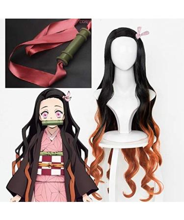 Demon Slayer Kimetsu No Yaiba Kamado Nezuko Cosplay Wig Heat Resistant Synthetic Hair Wigs + Wig Cap + Bamboo Props Sealing Stick Wig and Stick 2