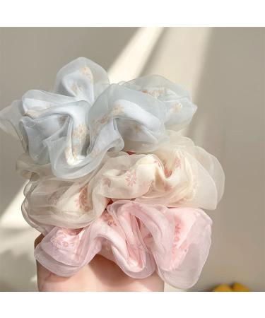Daisy Scrunchies Hair Elastics for Women Girls Organza Hair Scrunchies with Daisy Flower Hair Rubber Bands for Thick Hair Styling Accessories 3 Pcs