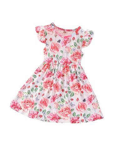 Girls Summer Dresses, Baby Clothes for Girls Short Sleeve Dinosaur Leopard Print Button Cute A Line Toddlers Outfits D-pink 5-6 Years