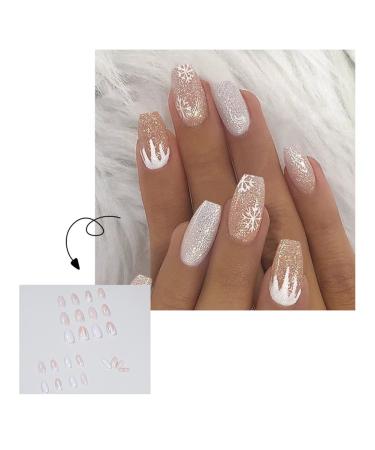 24pcs Christmas Snowflake Ballerina Press-On Nails | Acrylic Coffin Nail Tips for Women & Girls - Perfect Holiday Nail Art - Buy Online on SooperMarket.com