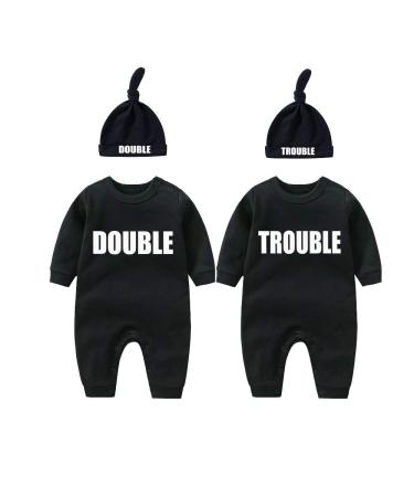 culbutomind Baby Twins Bodysuits Double Trouble Newborn Unisex Baby Romper Cute Outfit With Hat Black BT 0-3 Months