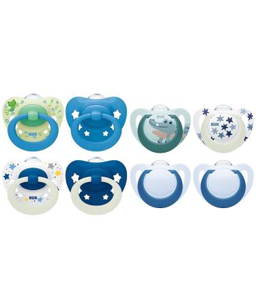 NUK Signature Day & Night Baby Dummy 18-36 Months Soothes 95% of Babies 4 Count & Star Day & Night Baby Dummy 18-36 Months Soothes 99% of Babies BPA-Free Silicone Crocodile 4 Count Blue 18-36m 2023 4 Pack + 4 Count