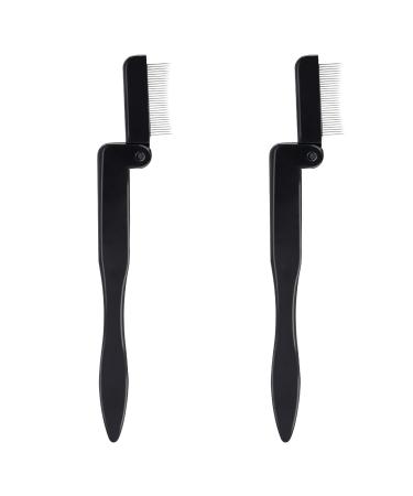 2 Pcs Folding Lash Comb Eyelash Comb Brow Comb Metal Teeth Eyelash Separator tool Professional Makeup Grooming Tool for Lash Brow(Black)