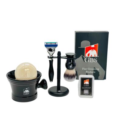 G.B.S Wet Shaving Kit Black Razor Blade Black Handle Synthetic Bristle Brush and Mug Alum Block and Soap