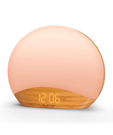 REACHER Wood Wake Up Light Alarm Clock Sunrise Simulation Bedside Lamp White Noise Machine 8 Colors NightLight Digital Dimmable Clock 26 Natural Sounds Snooze Sleep Timer for Kid Adult Wood Grain